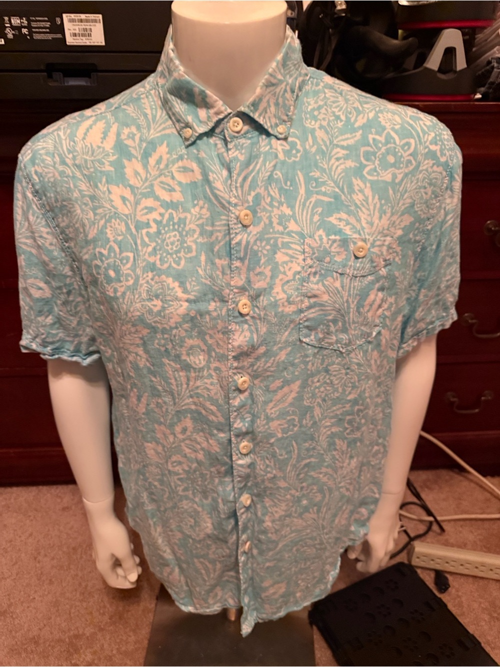 Tommy Bahama Aqua and White Floral Button-Down Shirt with front pocket